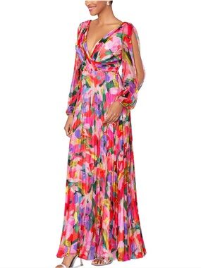 Betsy & Adam Vibrant Pink Multi Floral V-Neck Pleated Maxi Dress